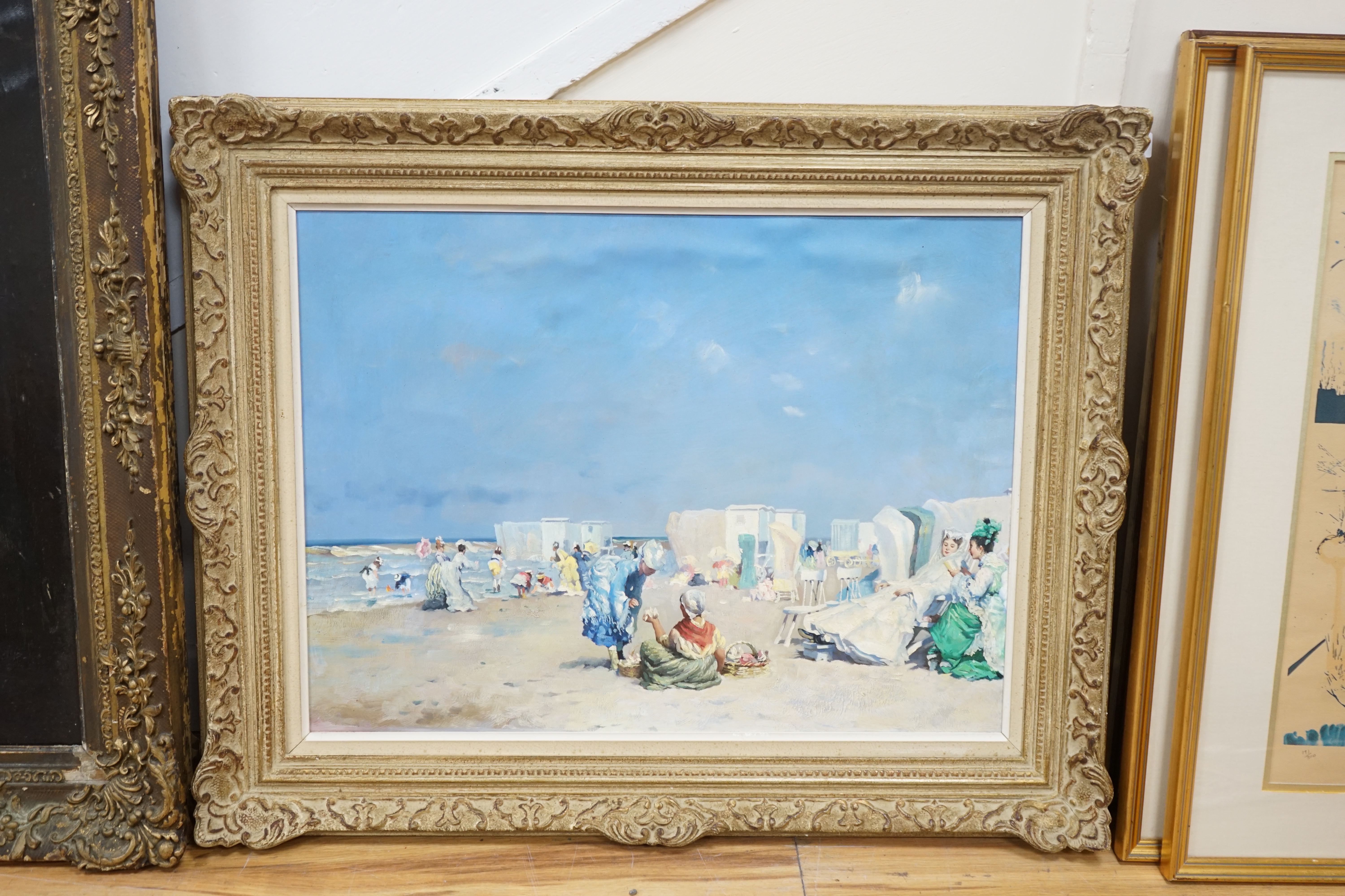 Modern British, oil on canvas, Figures on a beach, unsigned, 50 x 66cm. Condition - good, would benefit from a clean